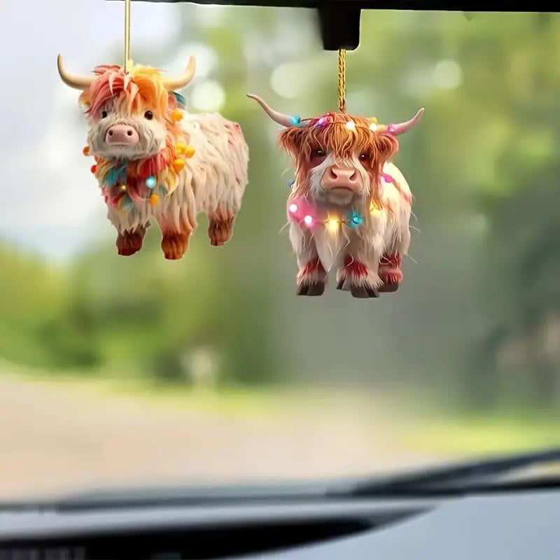 2D Long Haired Cow Ornament, 1 Count Modern Style Christmas Tree Decoration, Pendant for Car Rearview Mirror Bag Keychain