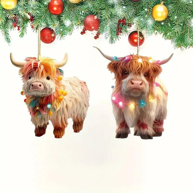 2D Long Haired Cow Ornament, 1 Count Modern Style Christmas Tree Decoration, Pendant for Car Rearview Mirror Bag Keychain