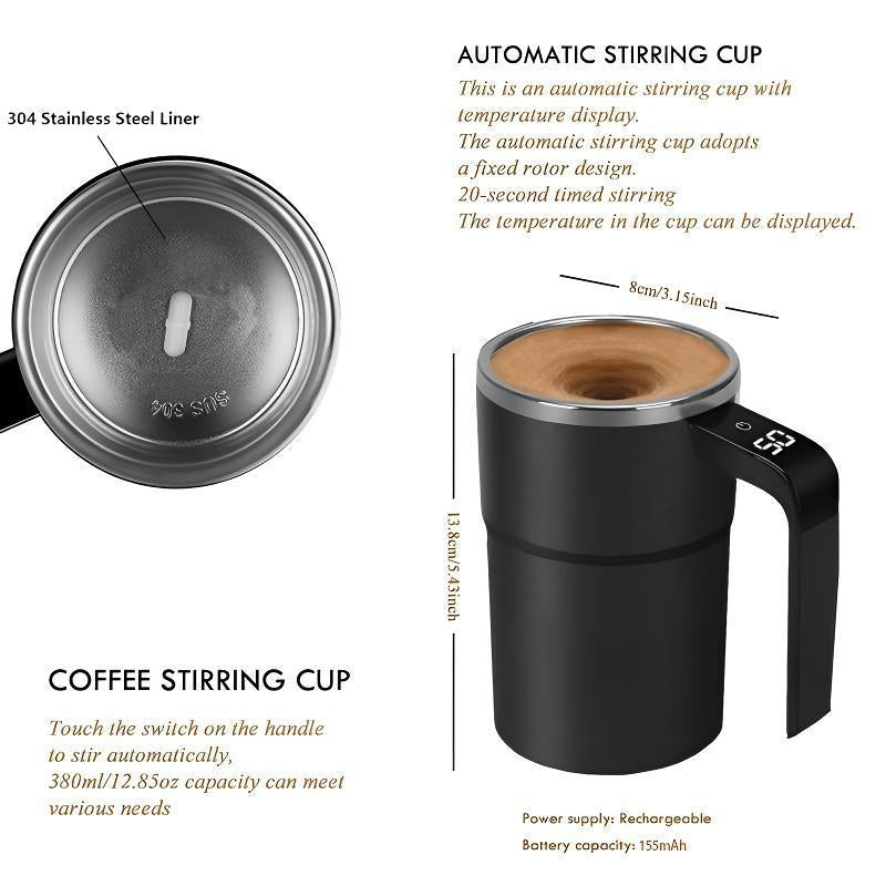 Automatic Coffee Stirring Cup, Stainless Steel Self-Stirring Coffee Cup with Lid, Auto Stir & Heating Feature, LED Intelligent Display Temperature